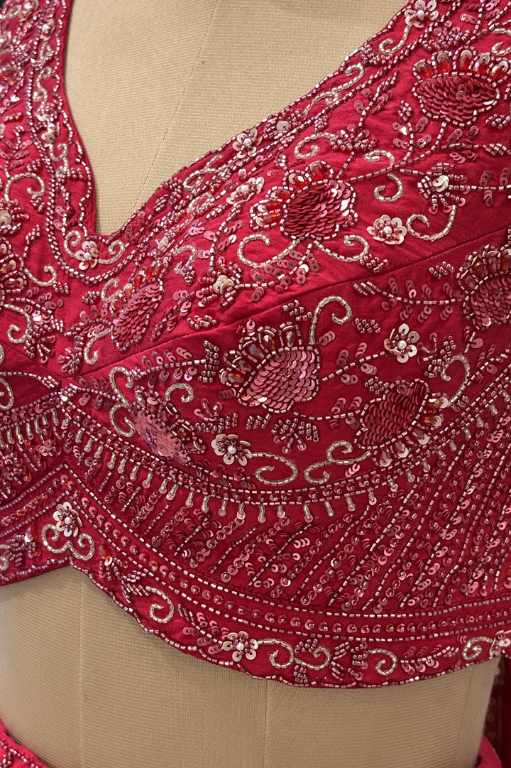 Red Beads, Sequins and Banaras work Crop Top Lehenga