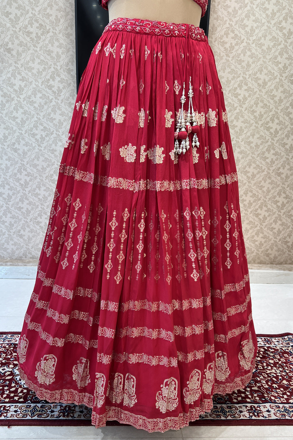 Red Beads, Sequins and Banaras work Crop Top Lehenga