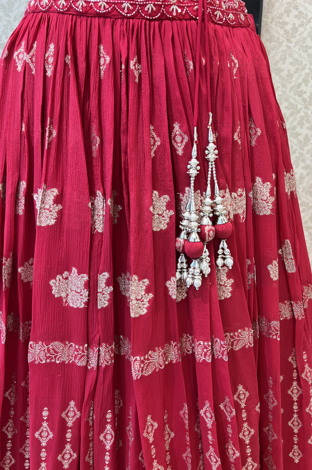 Red Beads, Sequins and Banaras work Crop Top Lehenga