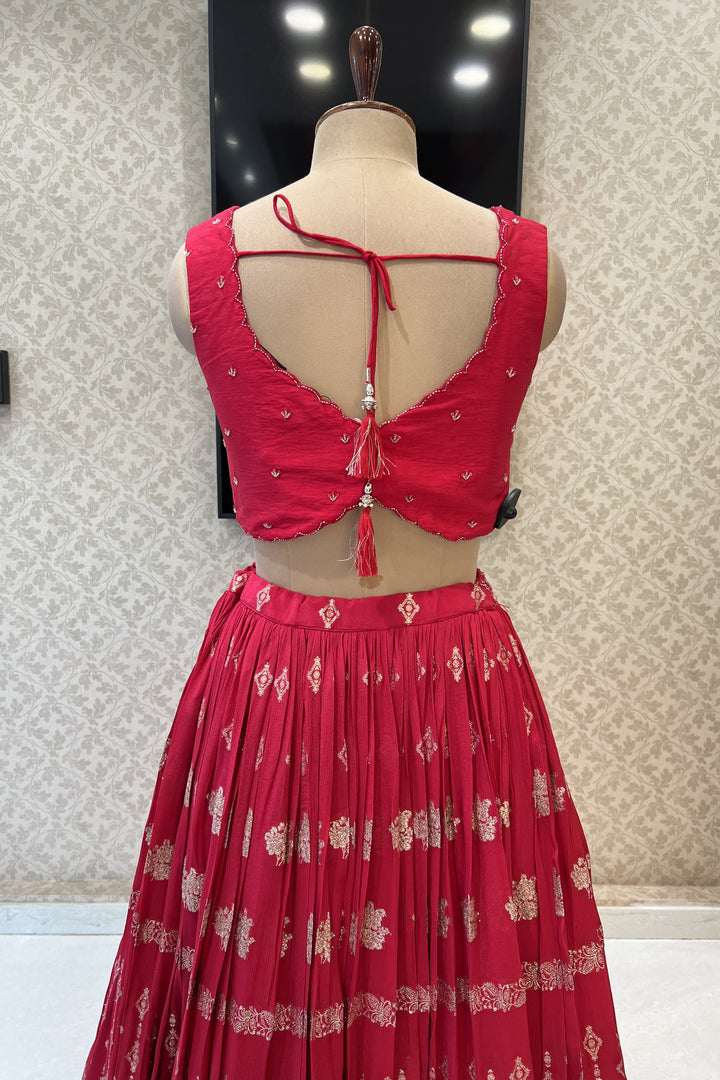 Red Beads, Sequins and Banaras work Crop Top Lehenga