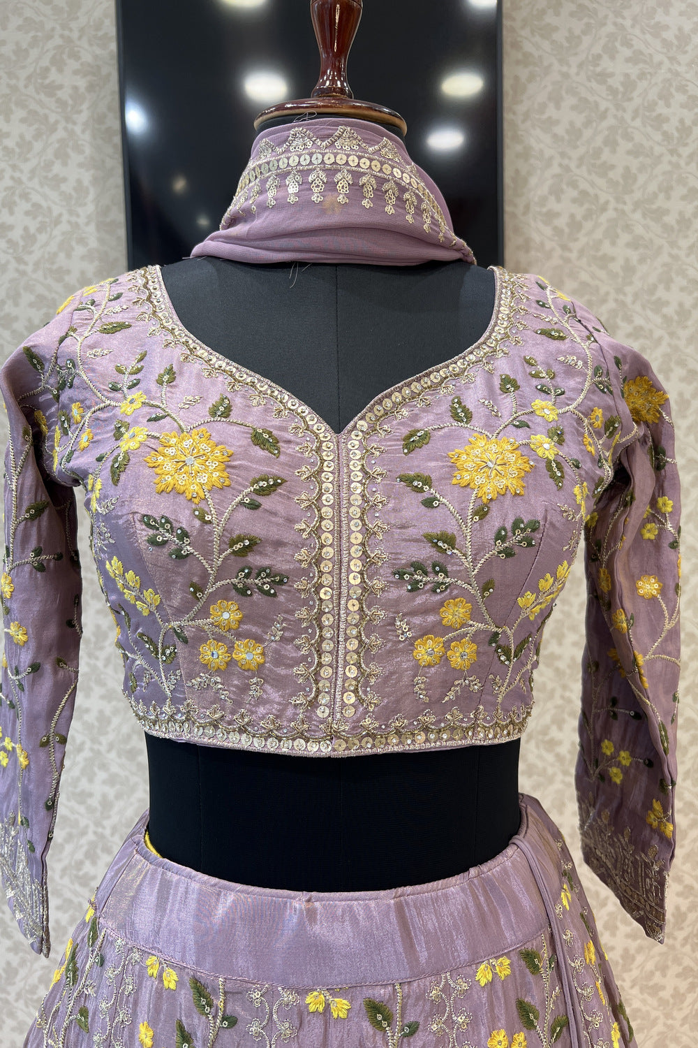 Lilac Embroidery, Stone and Zari work Crop Top Lehenga