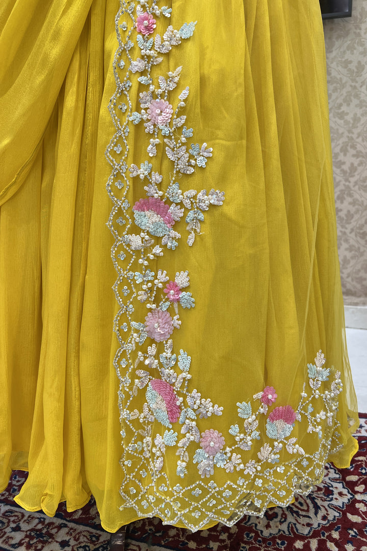 Yellow Sequins, Stone and Pearl work Indo-Western Styled Crop Top Lehenga  with Overcoat