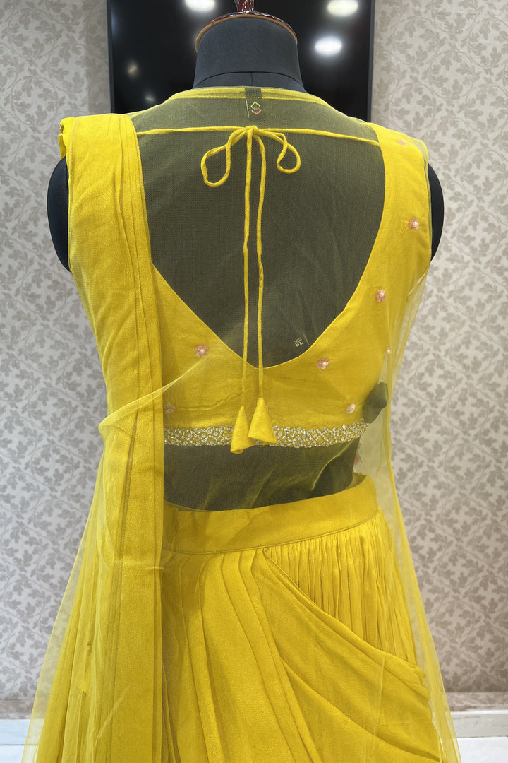 Yellow Sequins, Stone and Pearl work Indo-Western Styled Crop Top Lehenga  with Overcoat