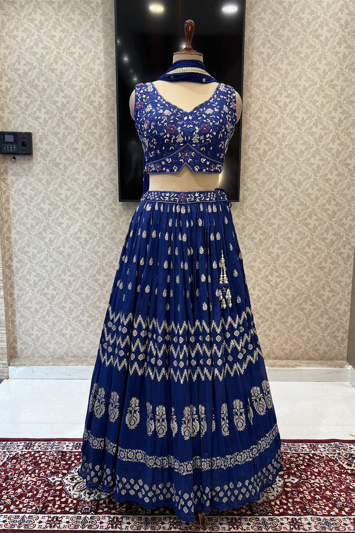 Royal Blue Zardozi, Sequins, Beads, Stone and Banaras work Crop Top Lehenga