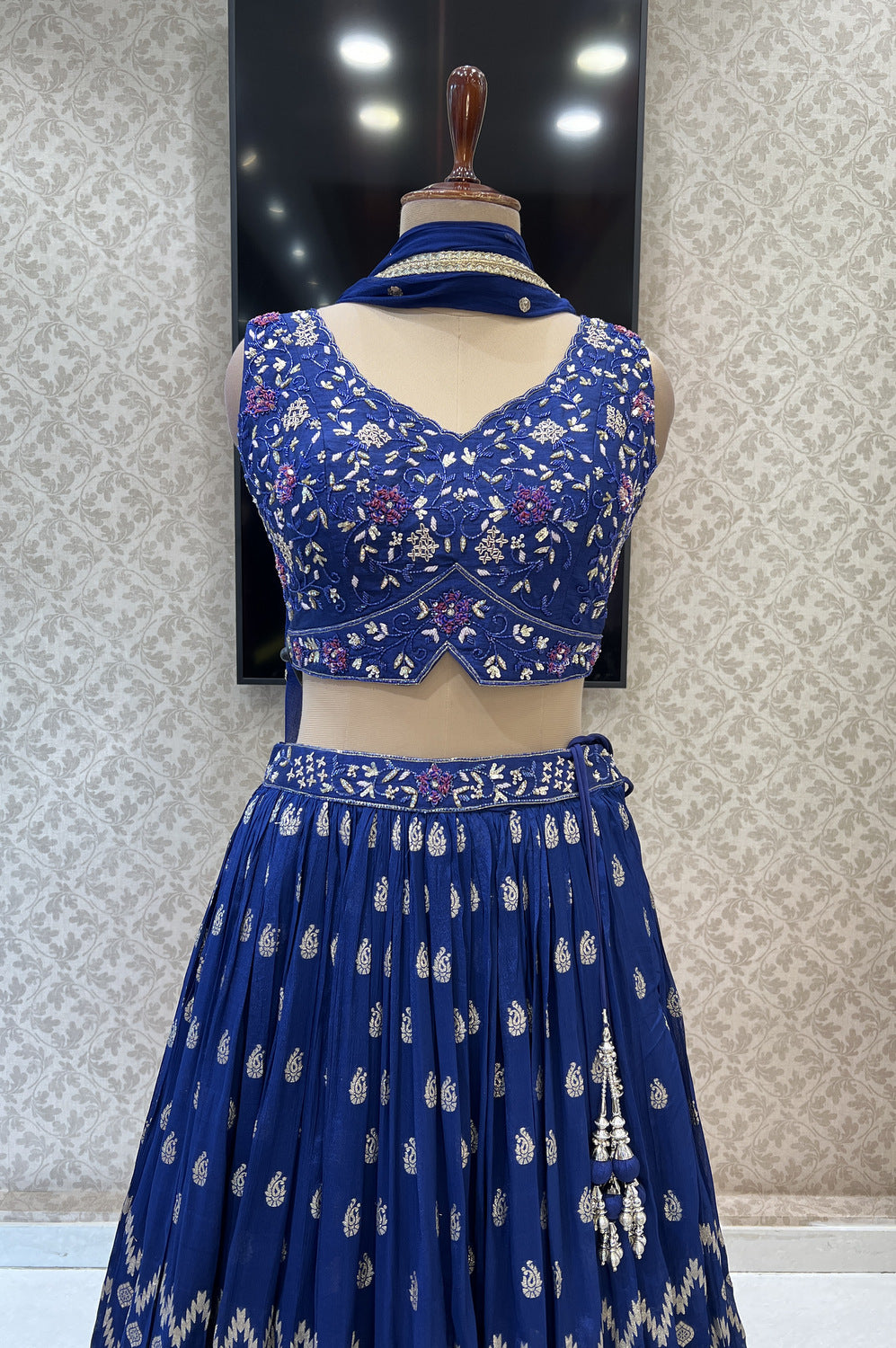 Royal Blue Zardozi, Sequins, Beads, Stone and Banaras work Crop Top Lehenga