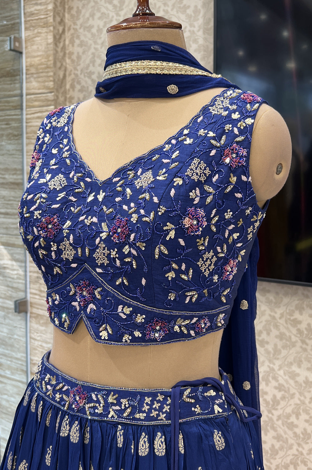 Royal Blue Zardozi, Sequins, Beads, Stone and Banaras work Crop Top Lehenga