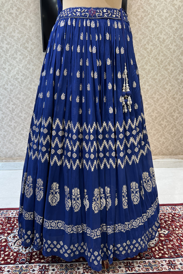 Royal Blue Zardozi, Sequins, Beads, Stone and Banaras work Crop Top Lehenga