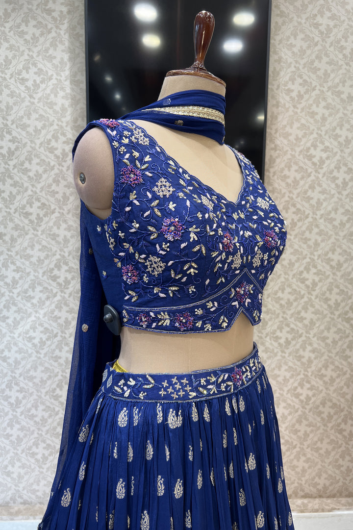 Royal Blue Zardozi, Sequins, Beads, Stone and Banaras work Crop Top Lehenga