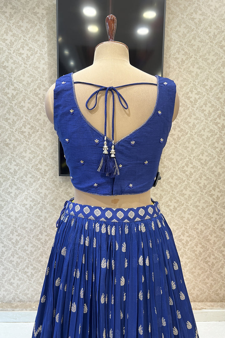 Royal Blue Zardozi, Sequins, Beads, Stone and Banaras work Crop Top Lehenga