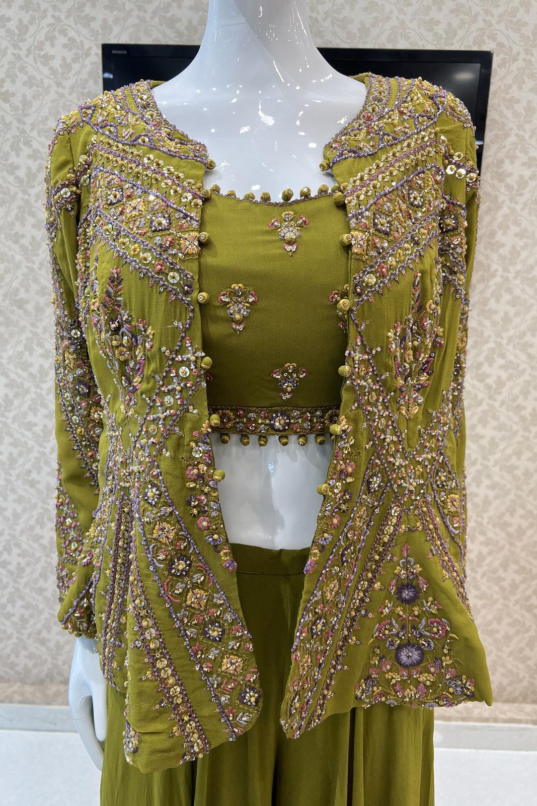 Green Multicolor Thread, Beads, Sequins and Stone work Overcoat Styled Palazzo Suit Set - Seasons Chennai