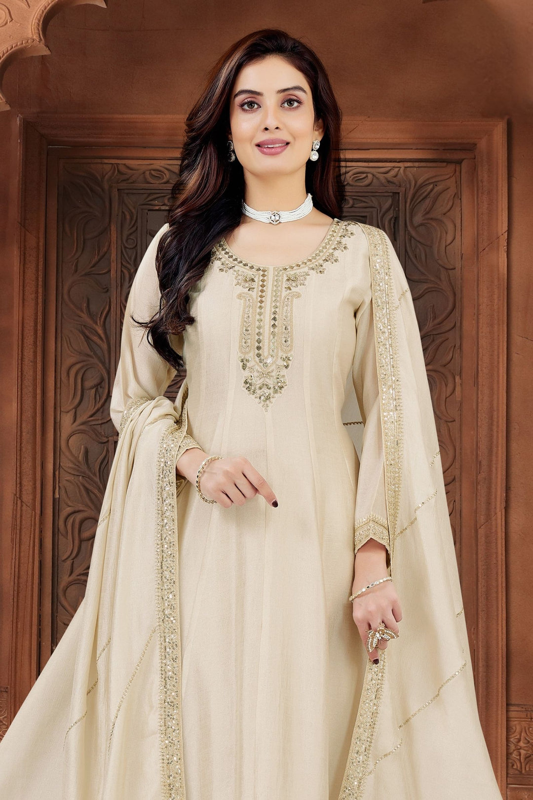 Cream Sequins, Beads and Zari work Anarkali Style Salwar