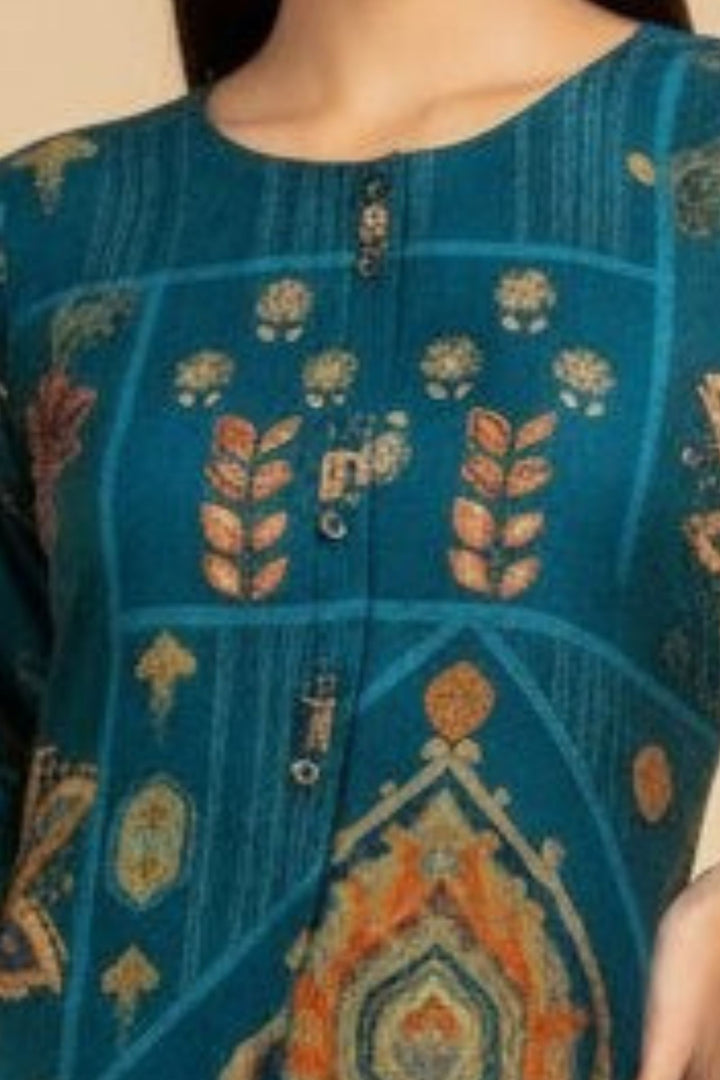 Peacock Blue Beads work with Digital Print Straight Cut Salwar Suit