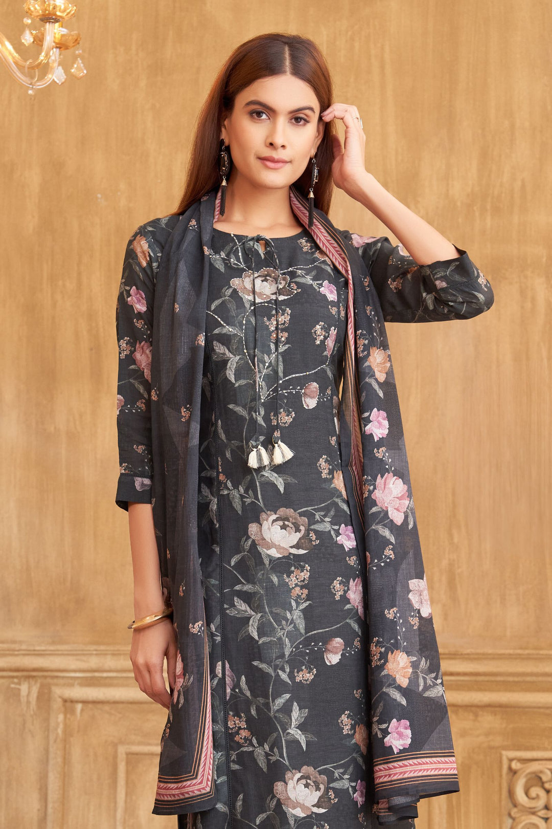 Grey Floral Print Straight Cut Salwar Suit