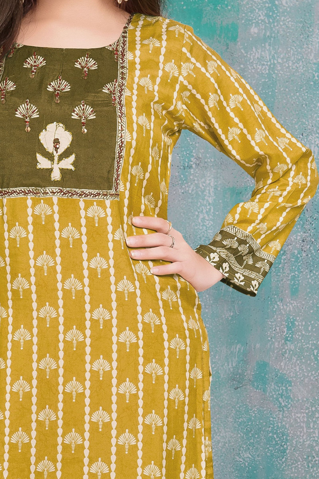 Mustard with Printed Straight Cut Salwar Suit for Girls