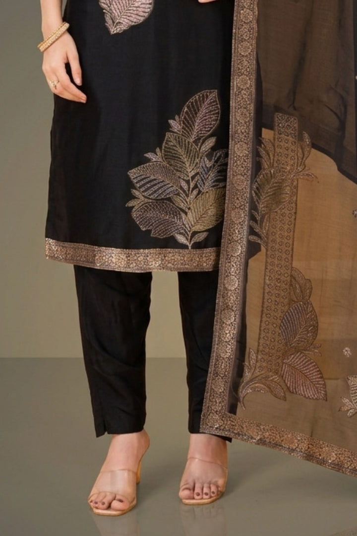 Black Beads, Stone, Banaras and Sequins work Straight Cut Salwar Suit