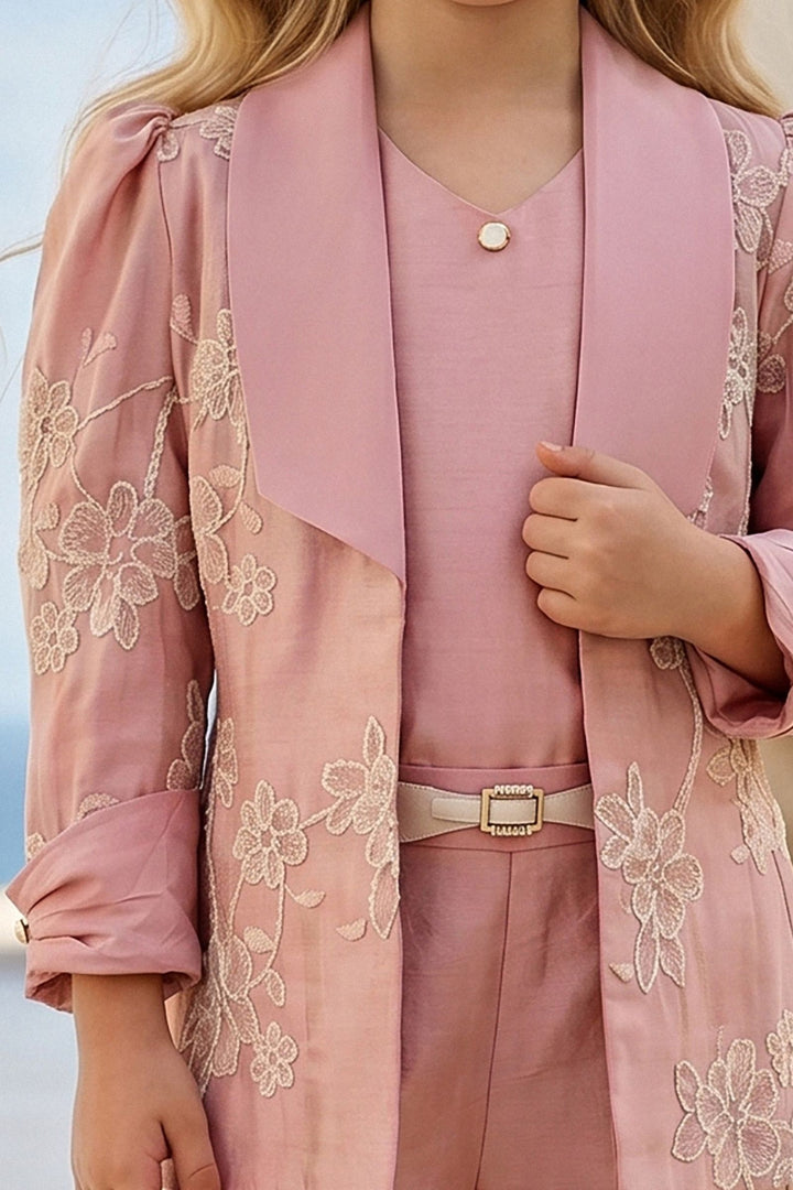 Dusty Pink Zari and Thread work Jacket Styled Palazzo Set for Girls