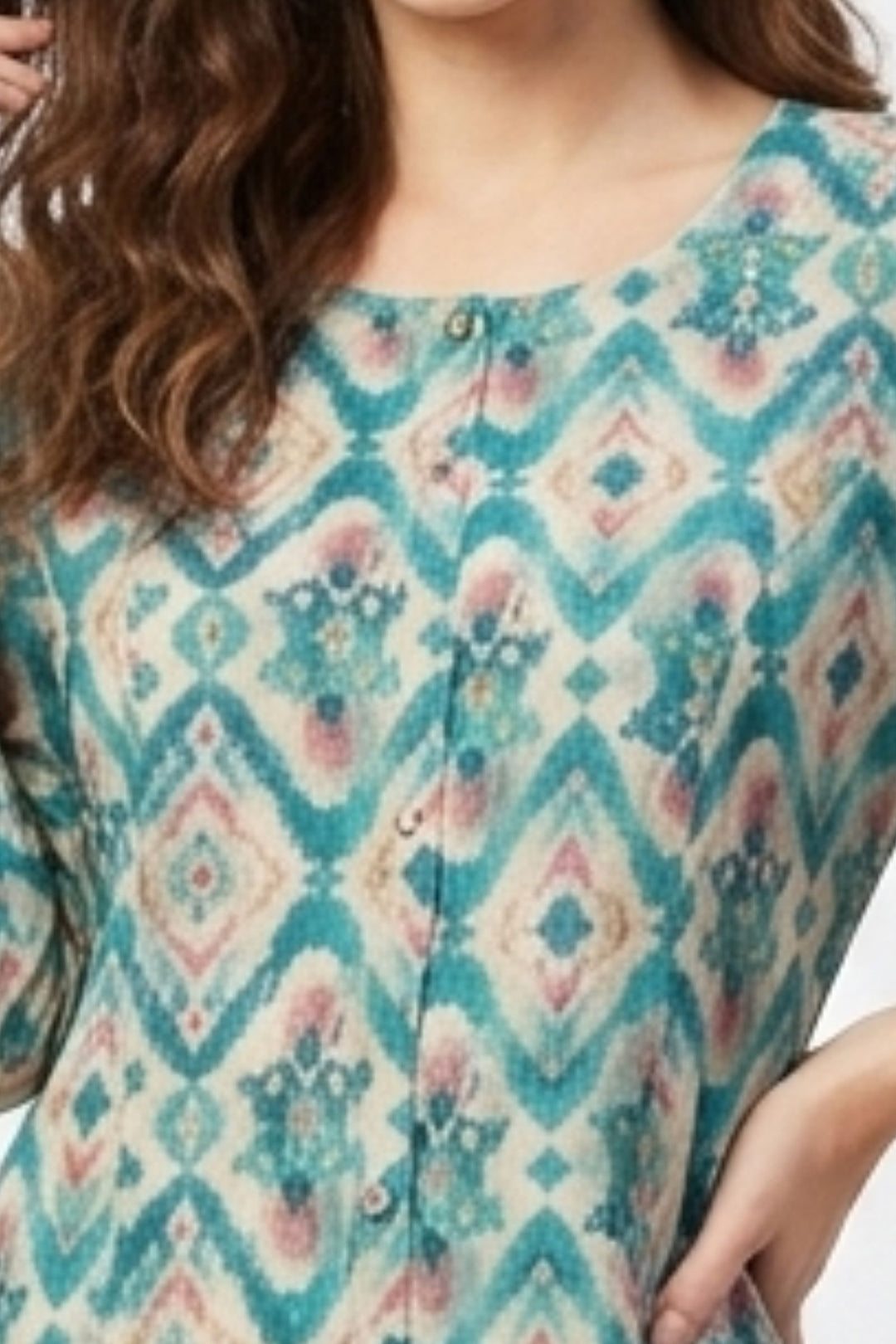 Beige with Blue Digital Print A-Line Cut Calf Length Kurti
