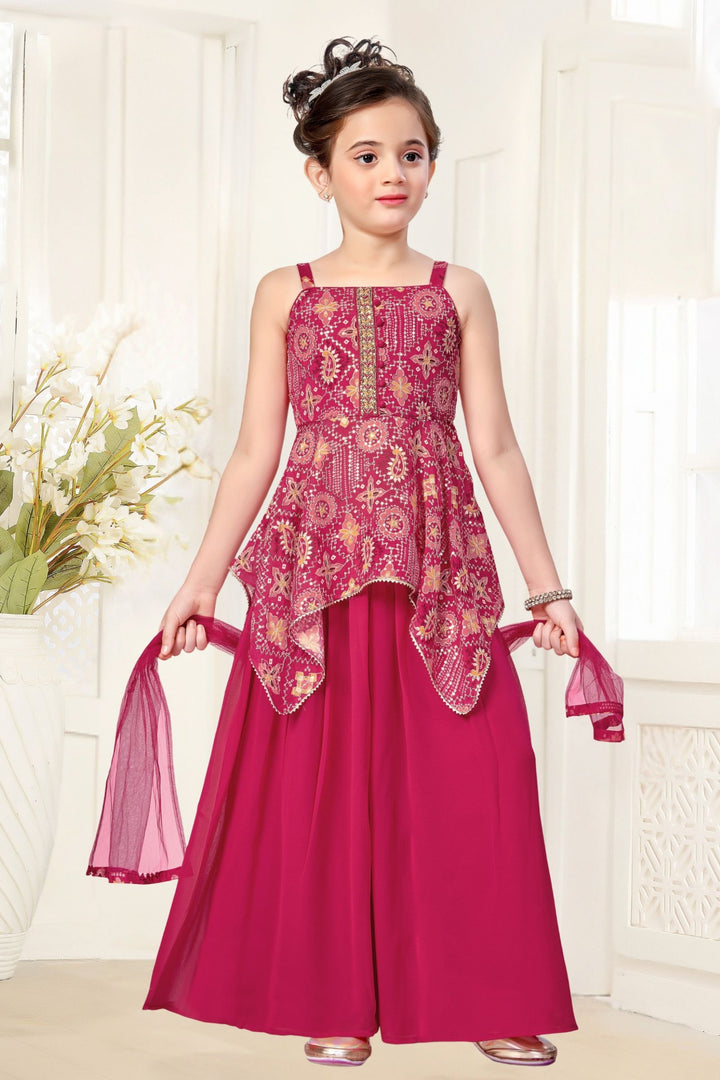 Rani Pink Zari, Sequins and Stone work with Digital Print Palazzo Set For Girls
