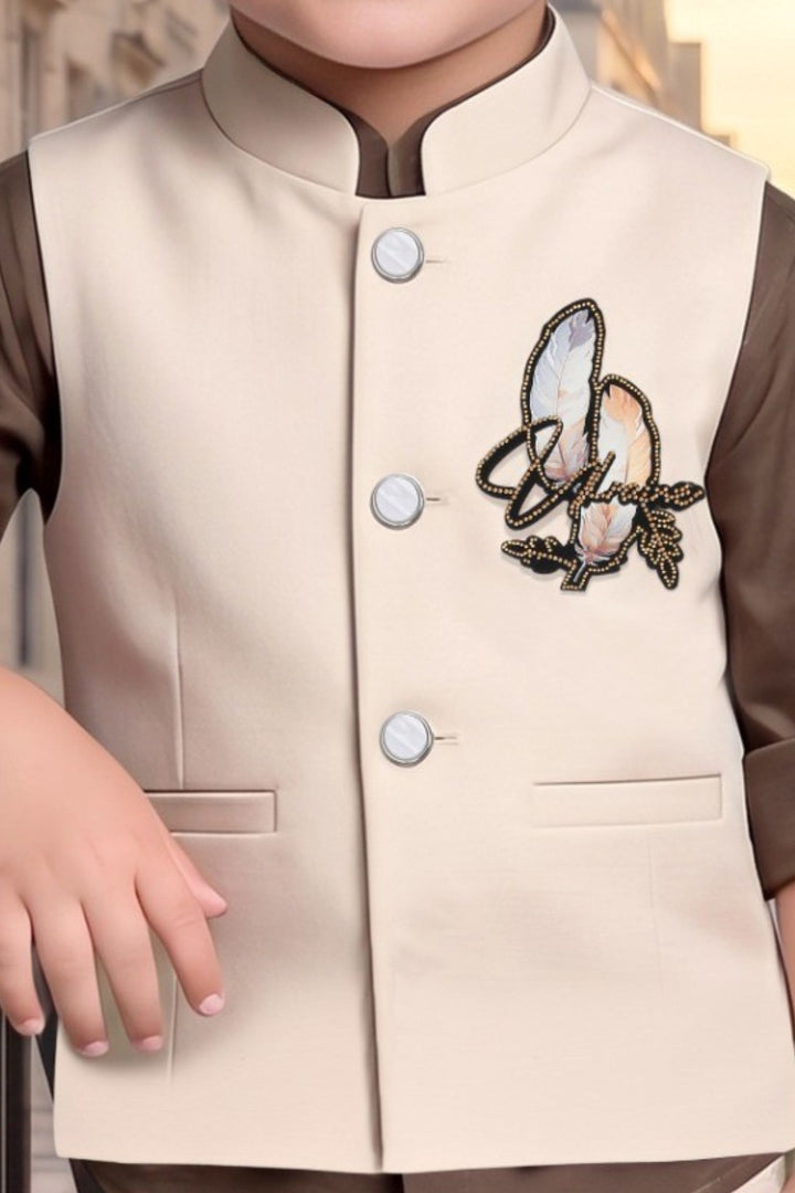 Beige Boys Waistcoat Set with Brown Shirt and Beige Pants