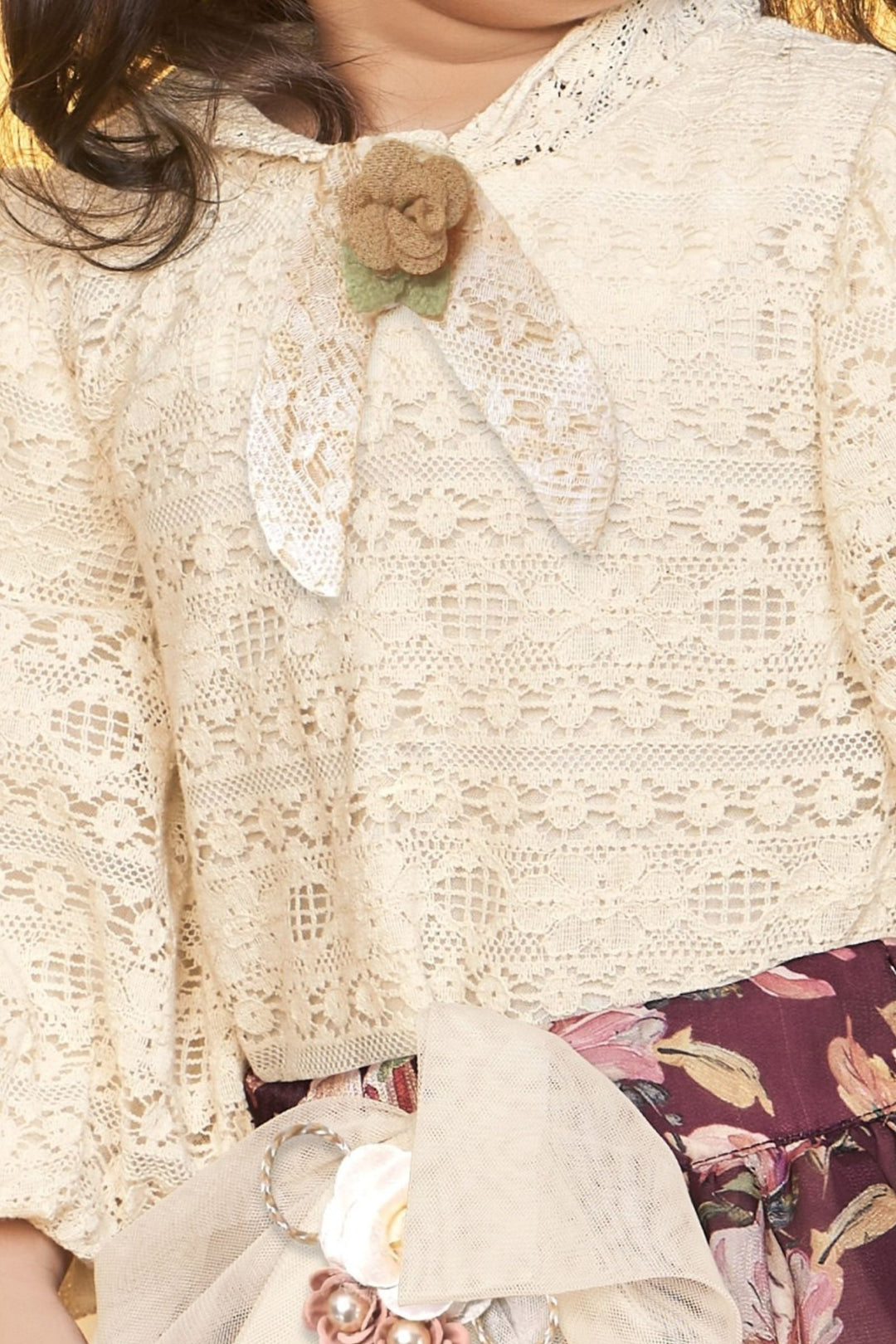 Cream with Wine Floral Print Top and Skirt for Girls