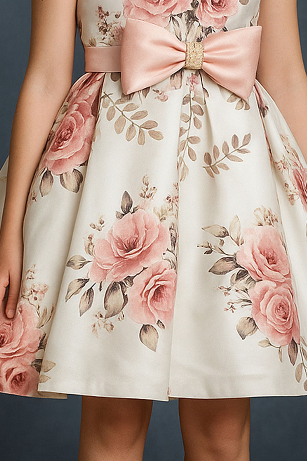 Half White Stone work with Floral Print Short Partywear Frock for Girls