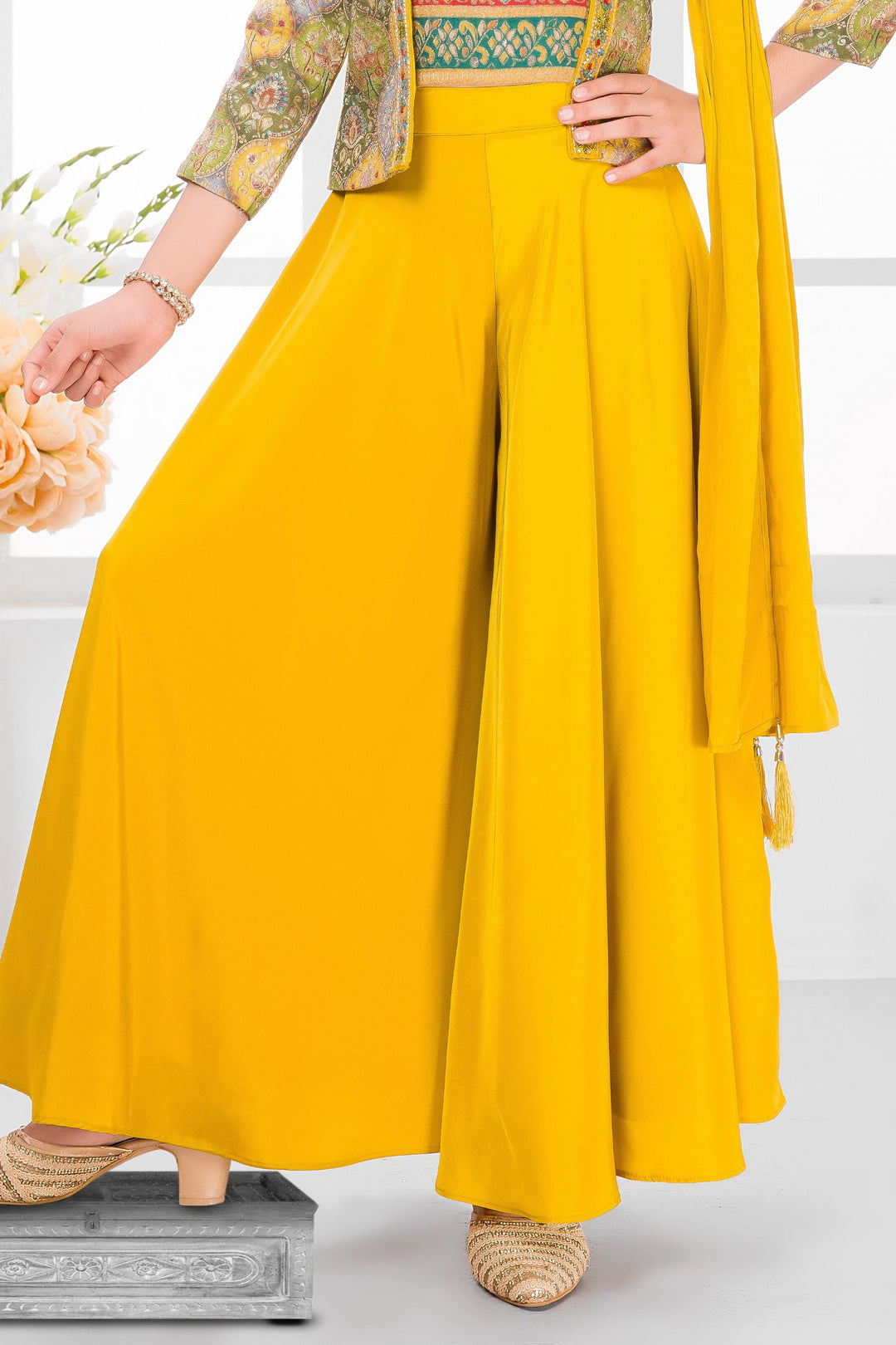 Yellow Zari and Beads work with Digital Print Jacket Styled Palazzo Set for Girls