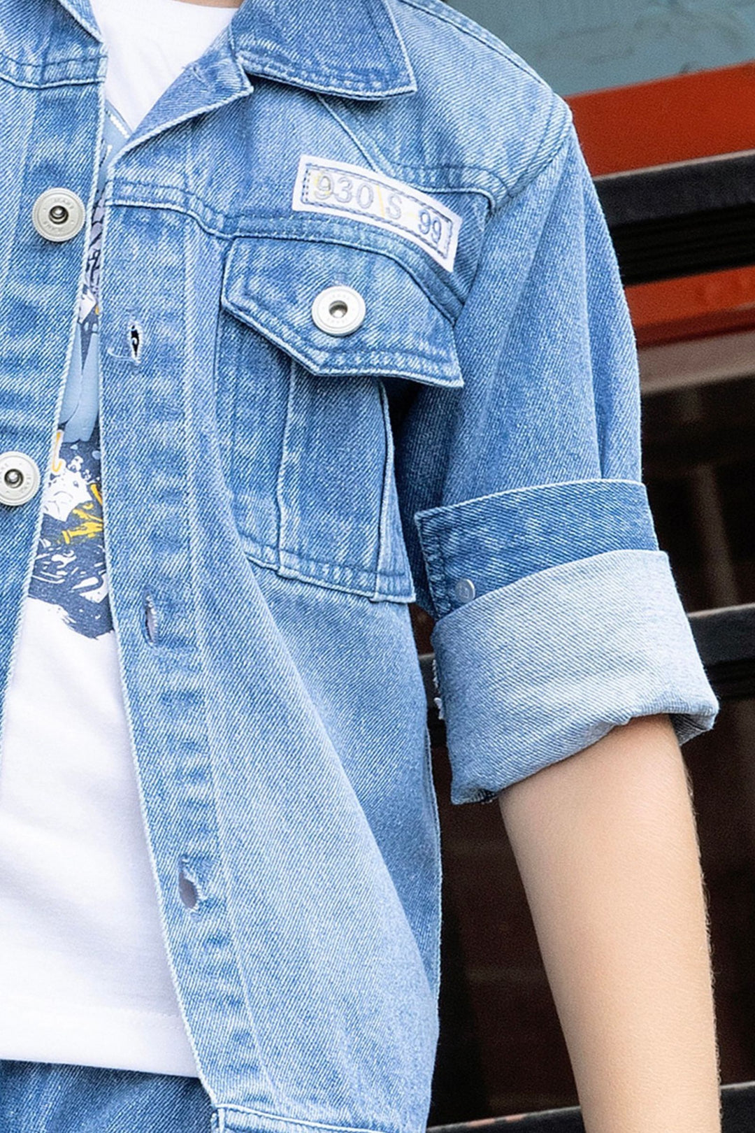 Light Blue with White Printed Blazer, T-Shirt and Pant Set for Boys with Belt