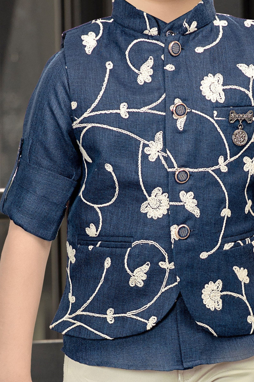 Teal Blue Thread work Waist Coat and Beige Pant Set for Boys with Belt