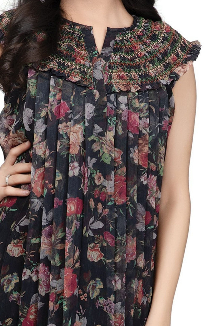 Girls Floral Print Casual Frock with Smocked Yoke