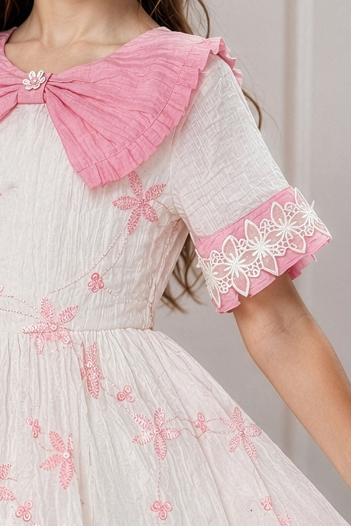 Half White with Pink Embroidery and Sequins work Short Frock For Girls