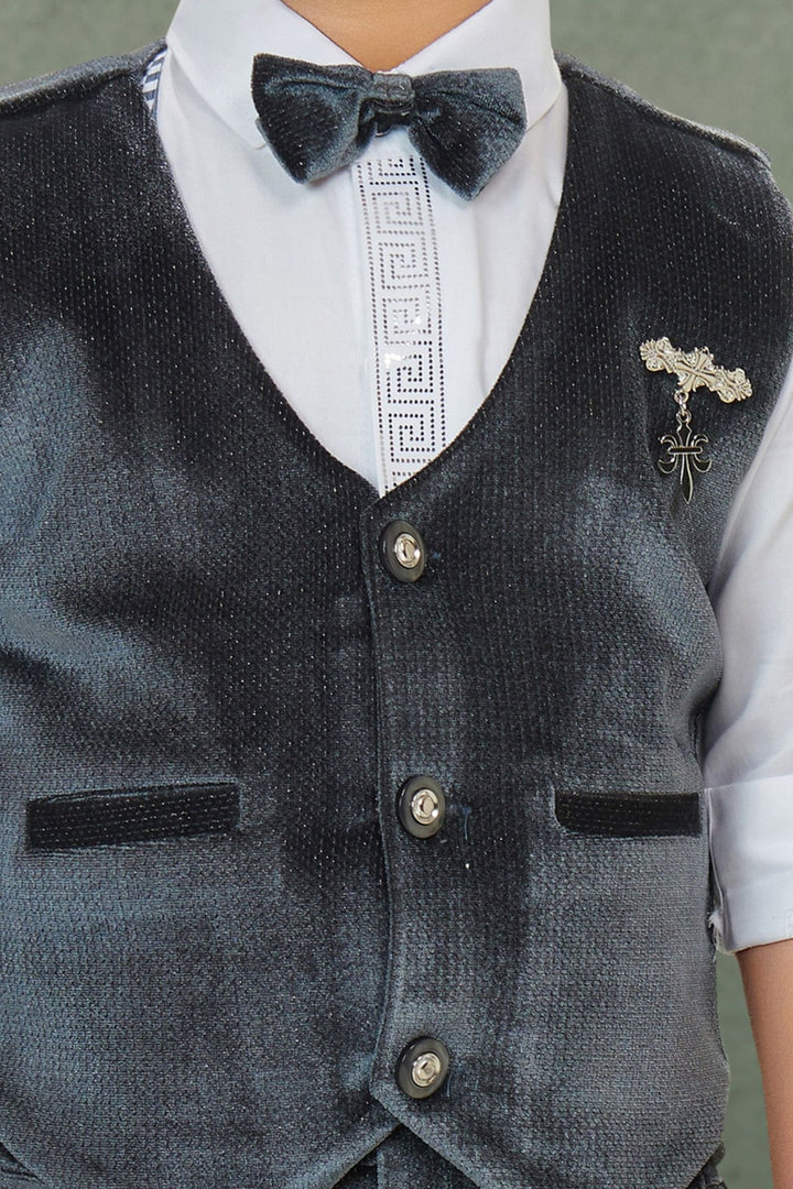 Grey with White Waist Coat, Shirt and Suspender Style Pant Set for Boys