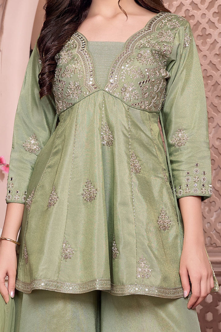 Pista Green Beads, Zari and Sequins work Palazzo Suit Set for Girls