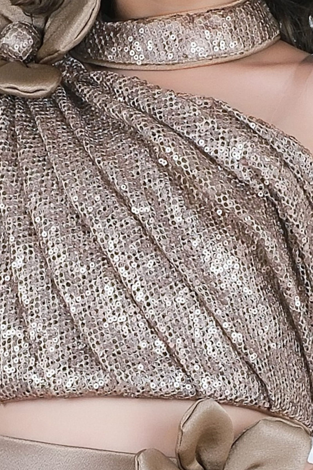 Gold Sequins One-Shoulder Top with Choker Neck and Flared Lehenga for Girls