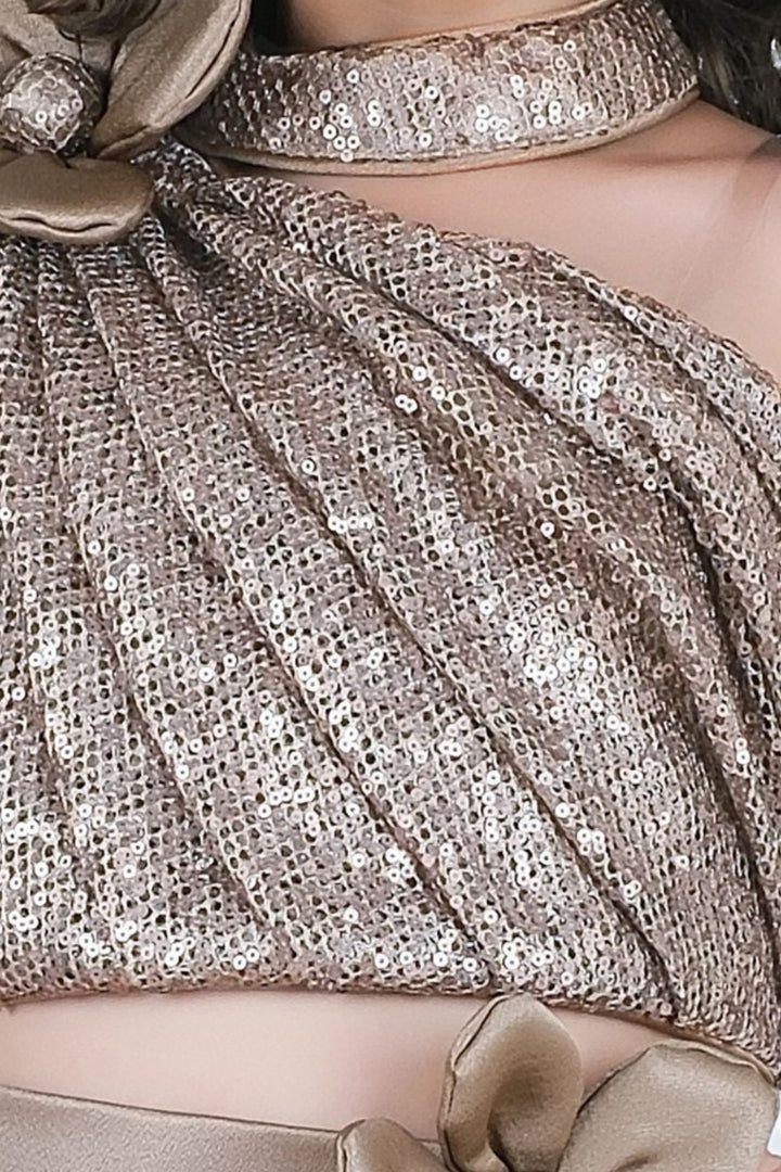 Gold Sequins One-Shoulder Top with Choker Neck and Flared Lehenga for Girls