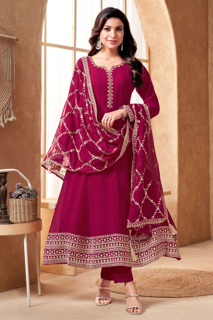 Rani Pink Stone, Sequins, Zardozi, Zari and Beads work A-line Cut Salwar Suit