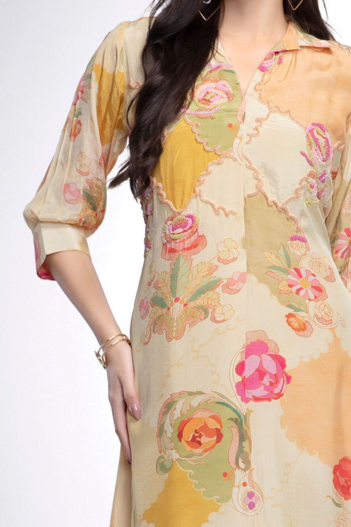 Cream Beads work with Floral Print Anarkali Styled Kurti