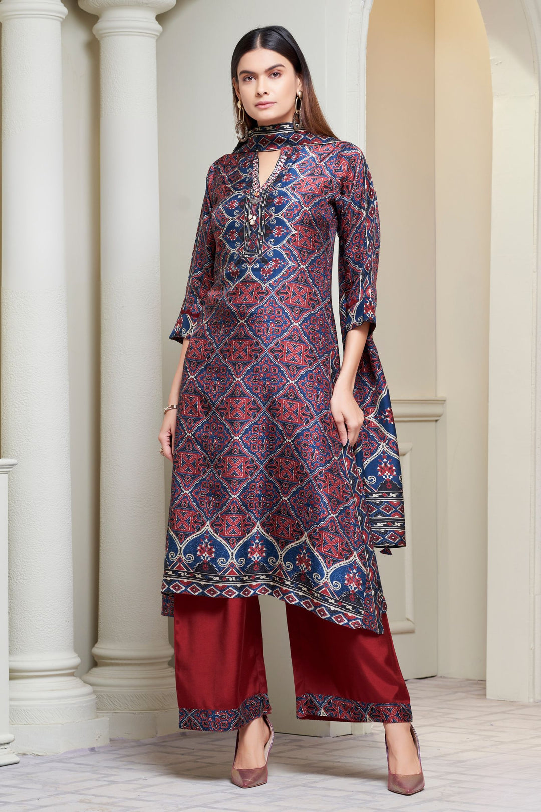 Navy Blue with Maroon Ajrakh Print, Sequins and Beads work Palazzo Salwar Suit