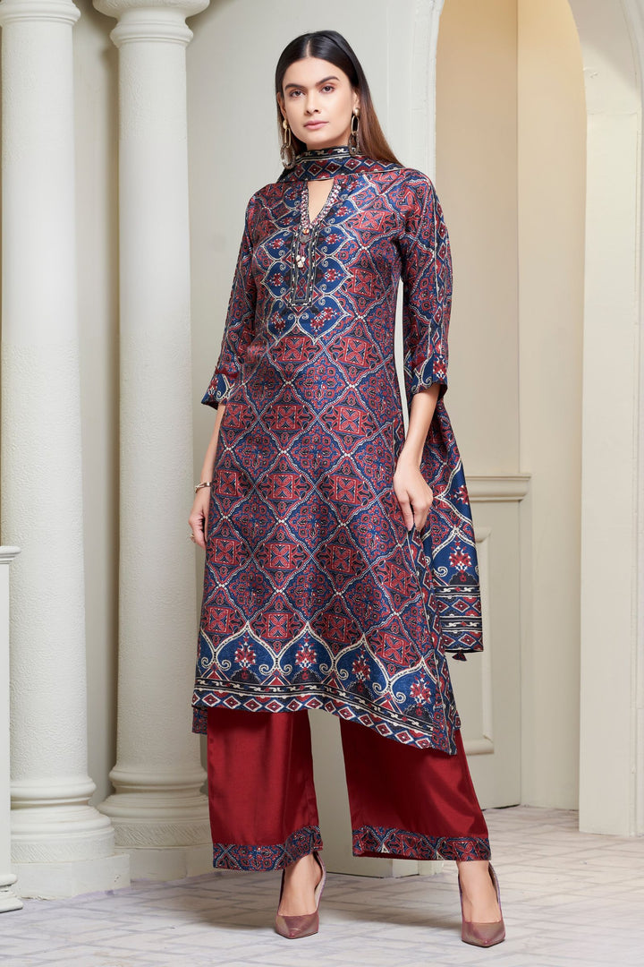 Navy Blue with Maroon Ajrakh Print, Sequins and Beads work Palazzo Salwar Suit