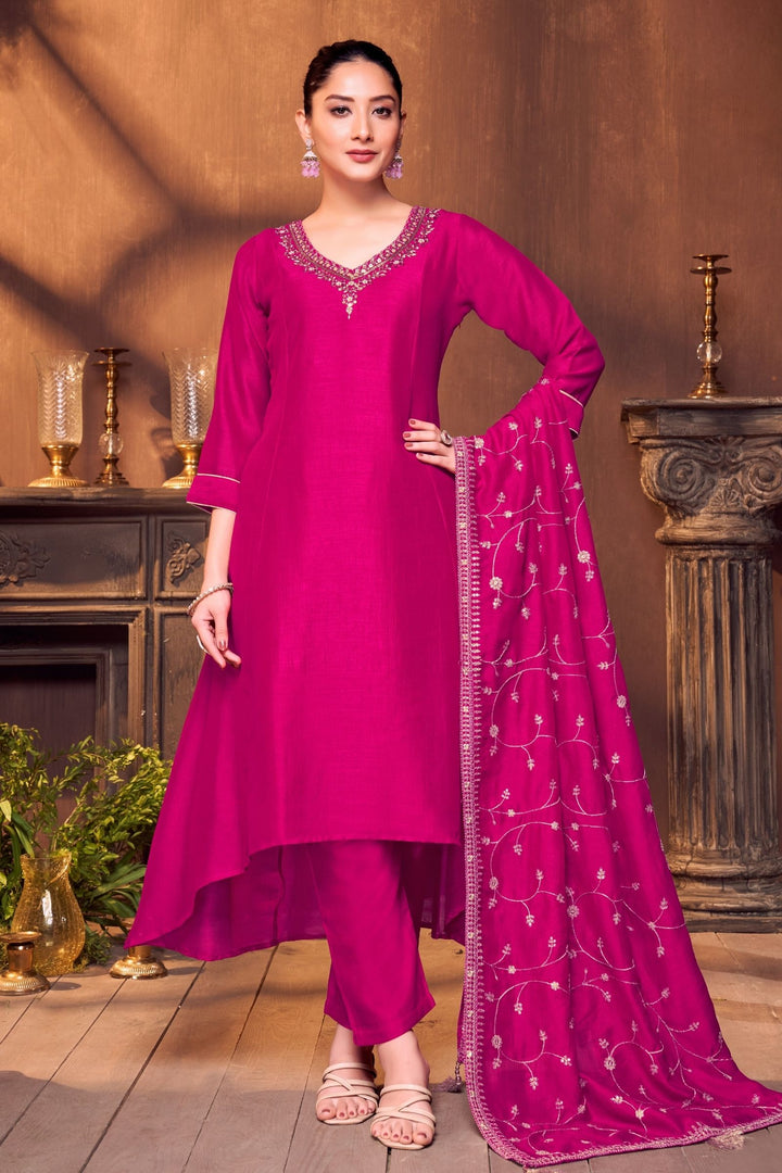 Dark Pink Sequins, Zari, Mirror, Stone and Zardozi work A-line Cut Salwar Suit