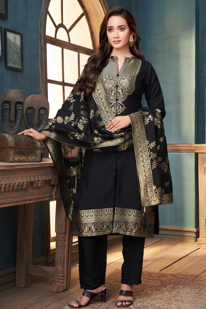 Black Straight Cut Salwar Suit with Stone, Mirror and Banaras work