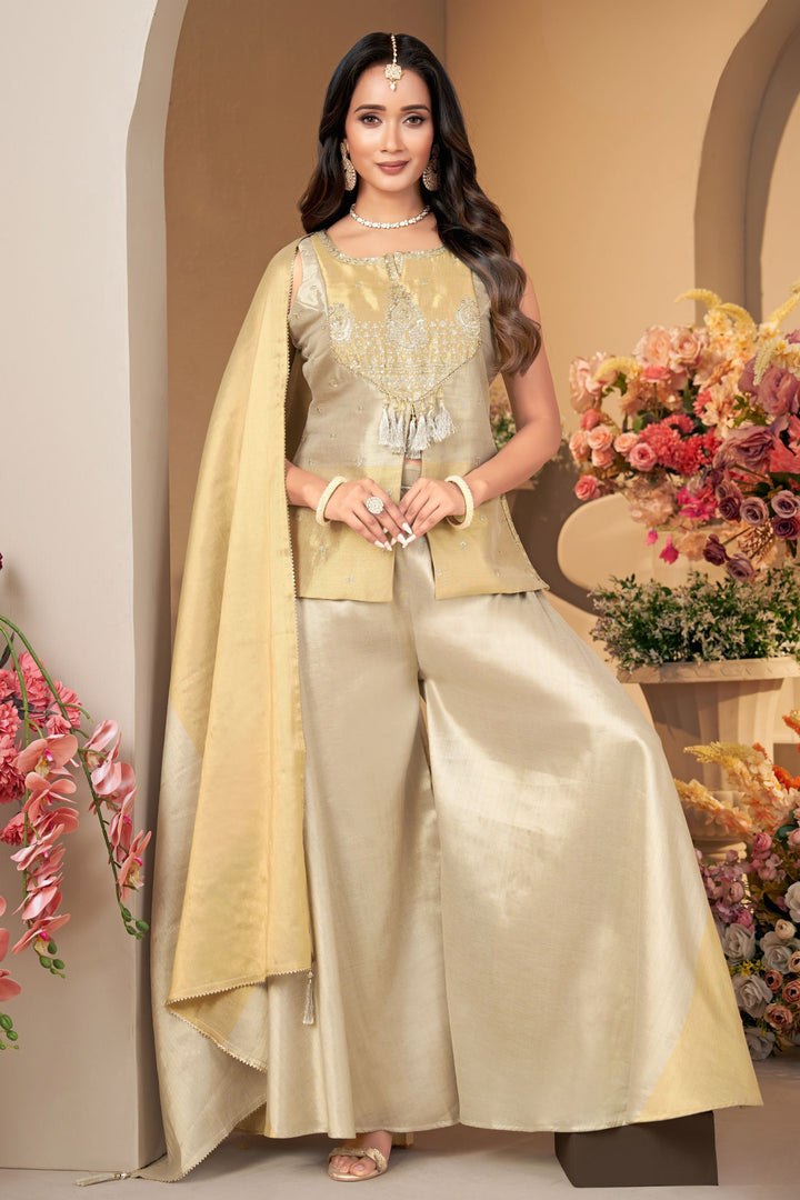 Beige Sequins, Zari and Beads work Palazzo Salwar Suit