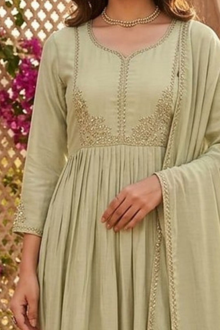 Pista Green Beads and Sequins work Anarkali Style Salwar