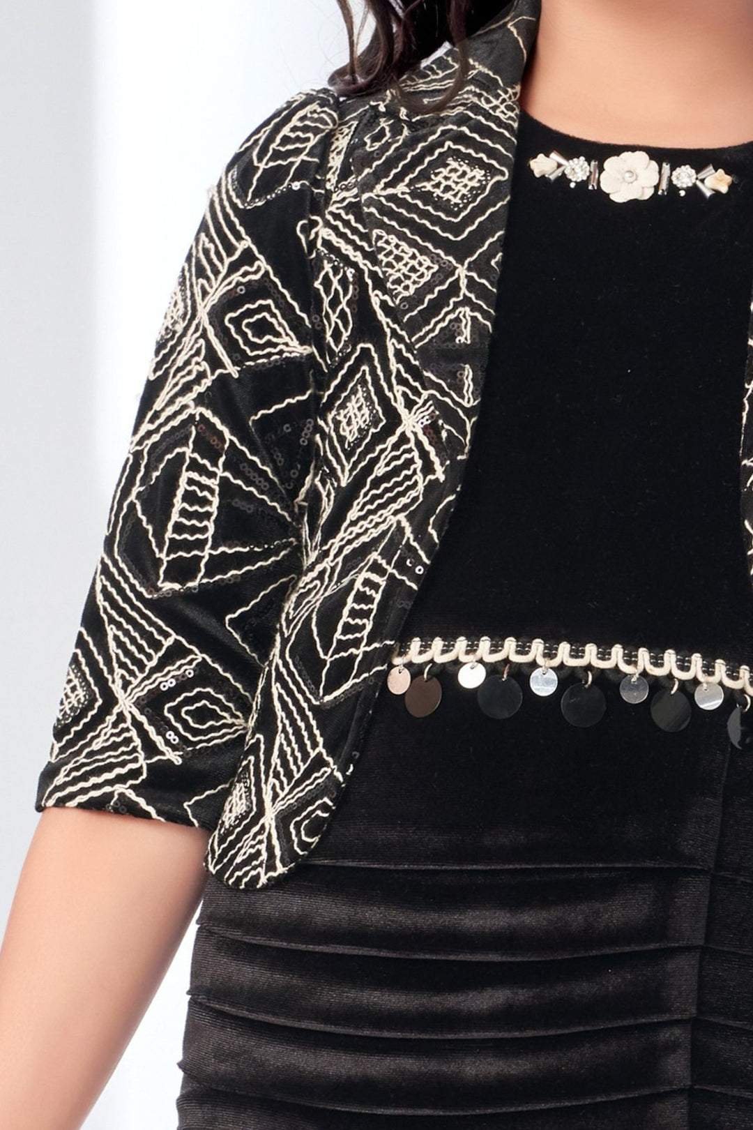 Black Sequins and Thread work Jacket Styled Short Frock For Girls