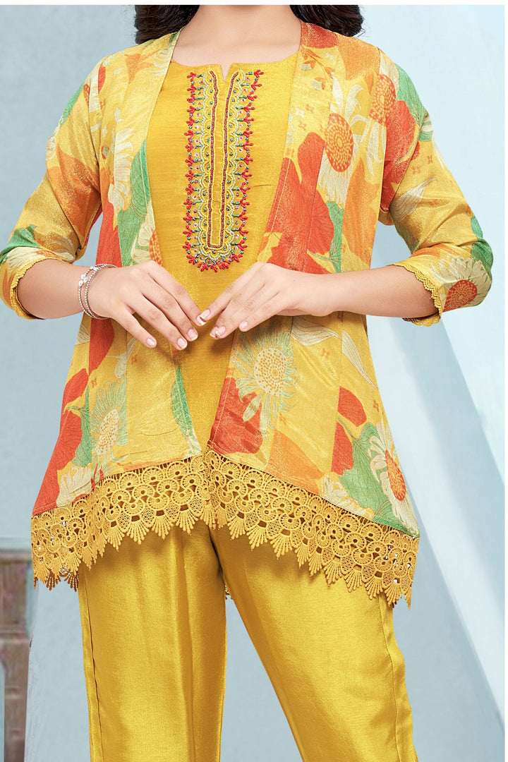 Yellow Zari Weaving with Digital Print Overcoat Salwar Suit for Girls