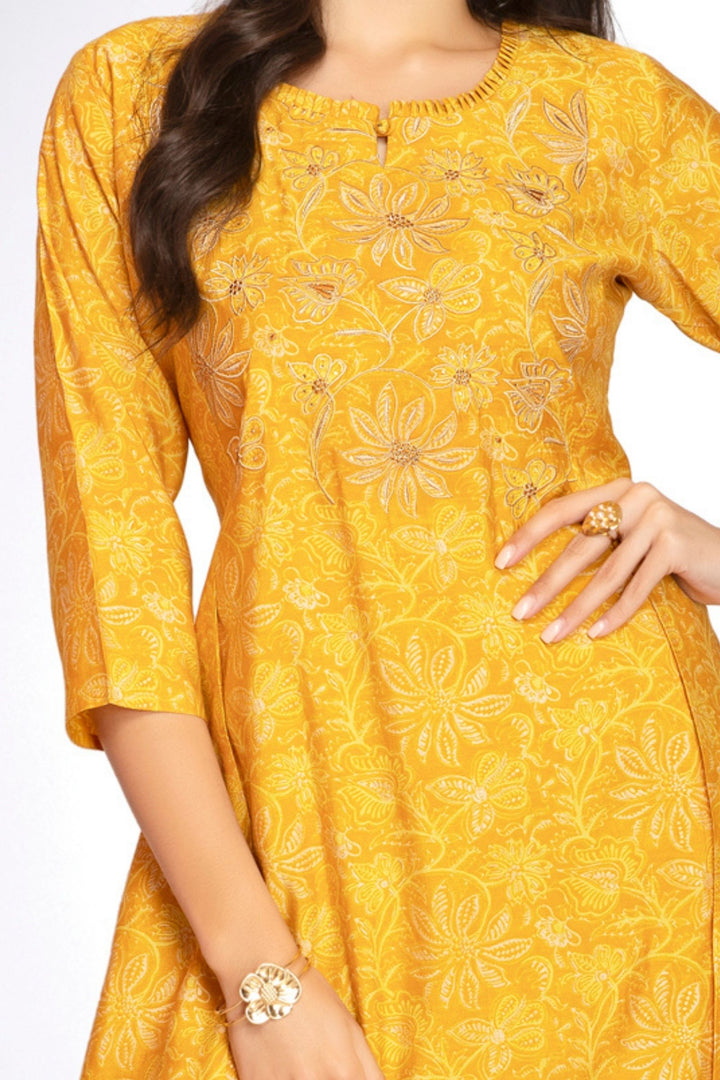 Yellow Mirror and Thread work with Digital Print A-Line Cut Calf Length Kurti