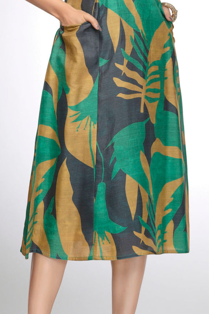 Green Stone work with Abstract Print A-Line Cut Calf Length Kurti