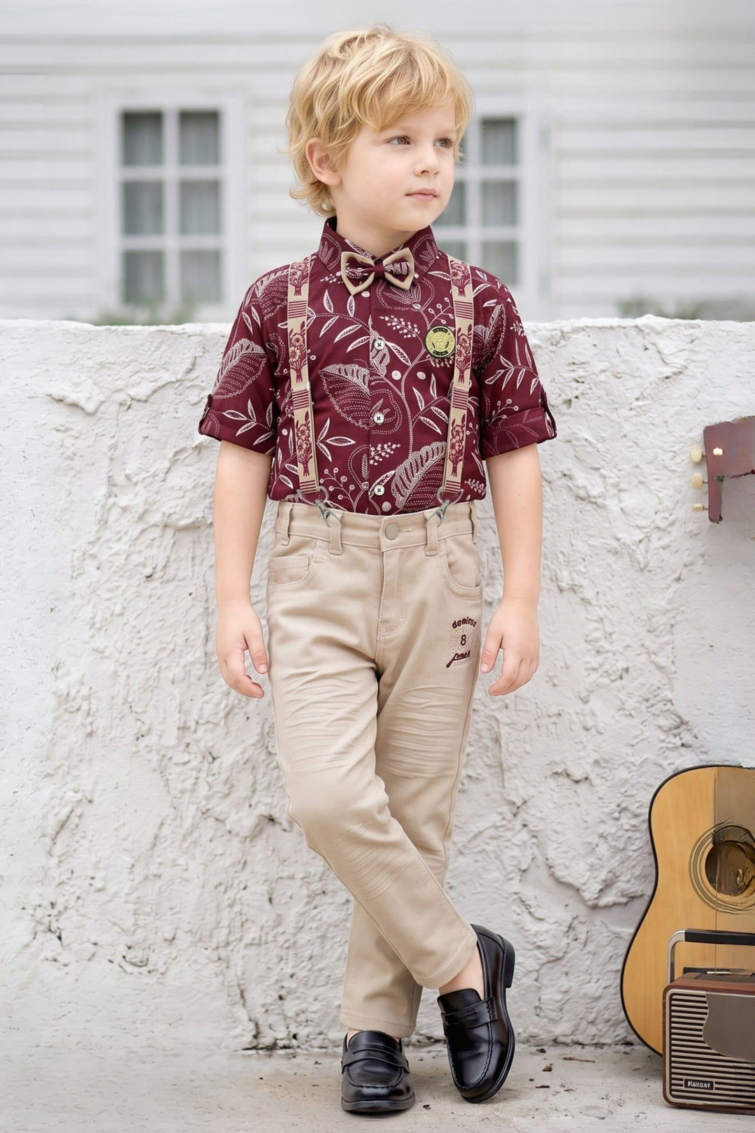 Maroon with Fawn Digital Print Suspender Style Pant Shirt Set for Boys