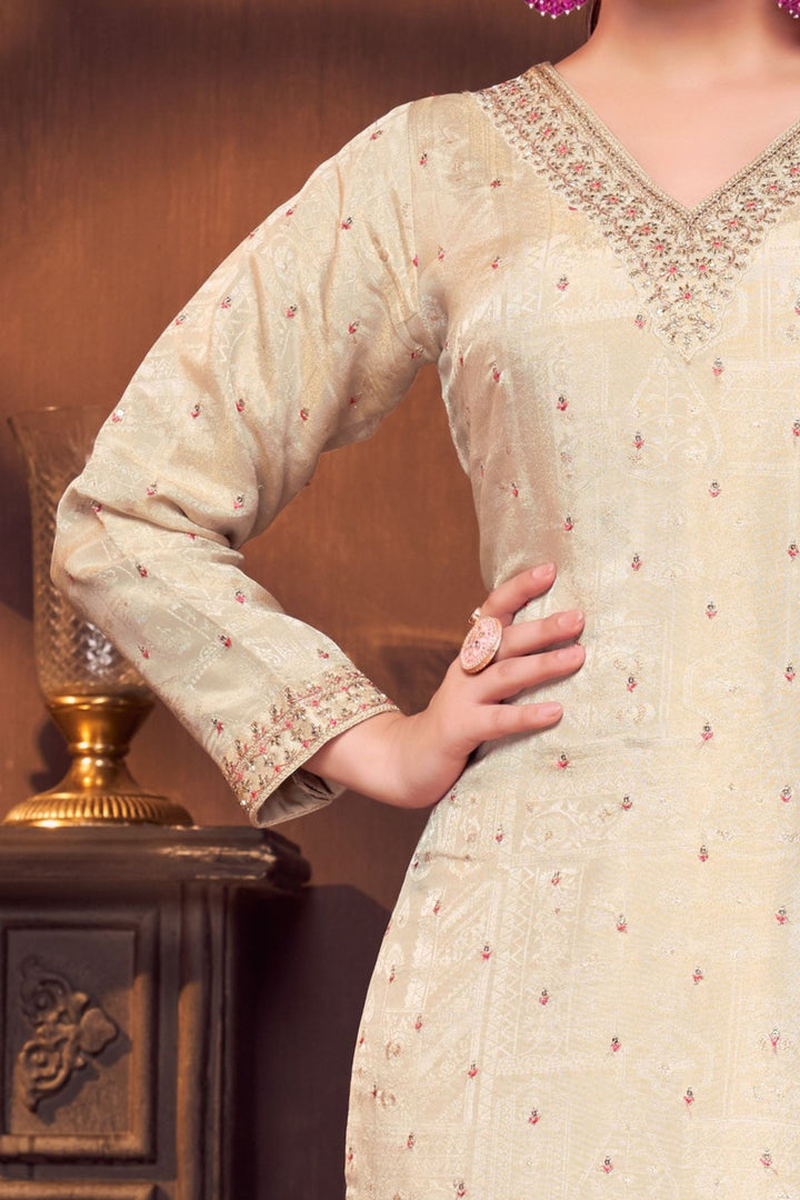 Beige Sequins, Beads and Zari work Straight Cut Salwar Suit
