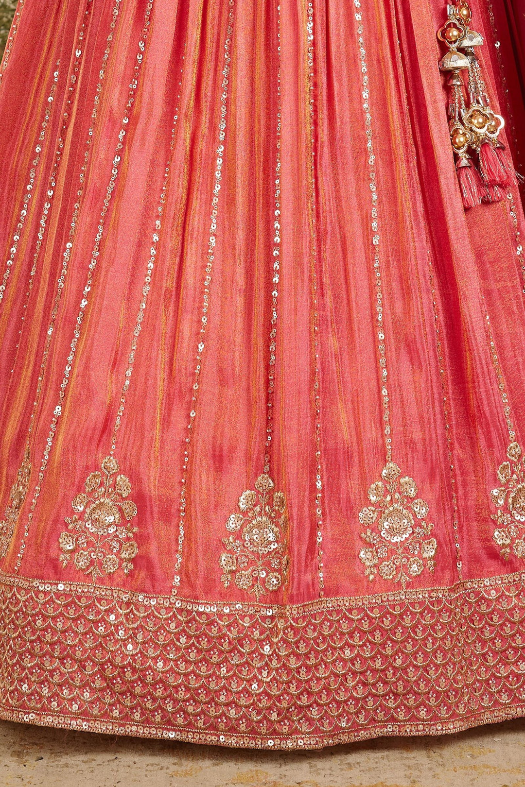 Peach Sequins, Thread, Zari, Beads and Stone work Lehenga Choli for Girls