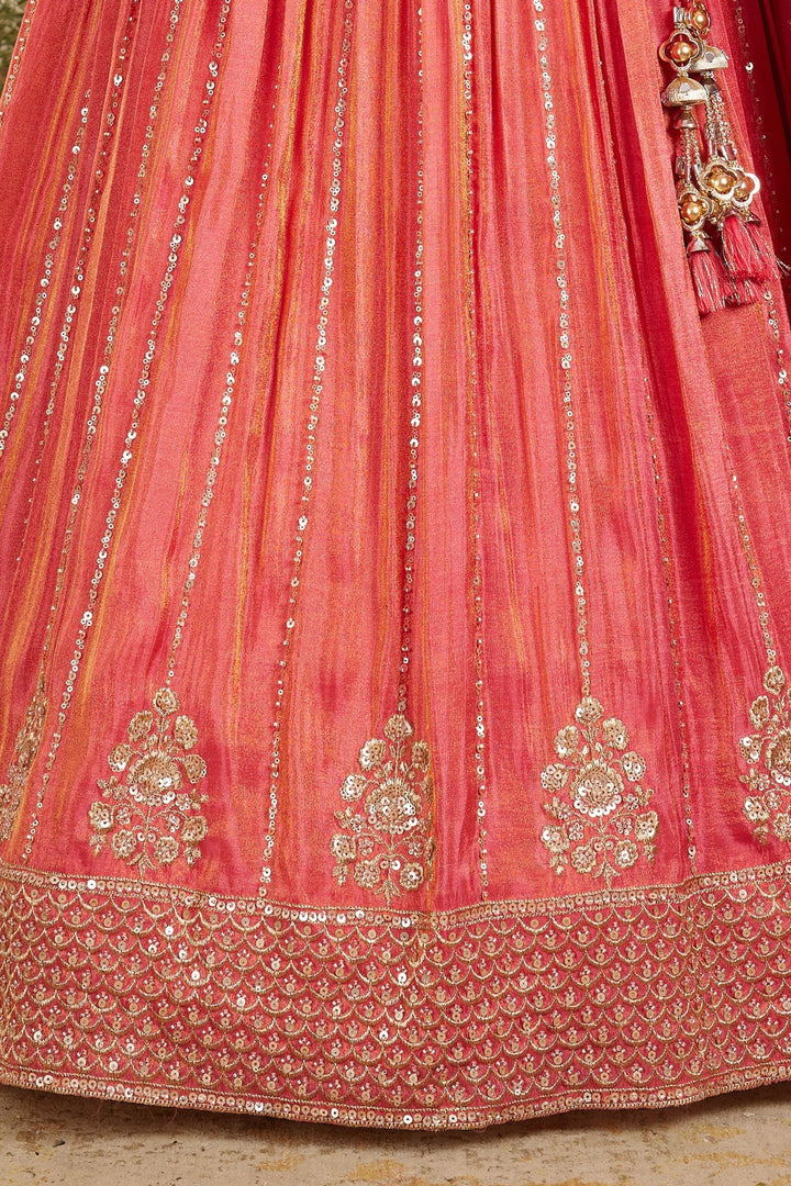 Peach Sequins, Thread, Zari, Beads and Stone work Lehenga Choli for Girls
